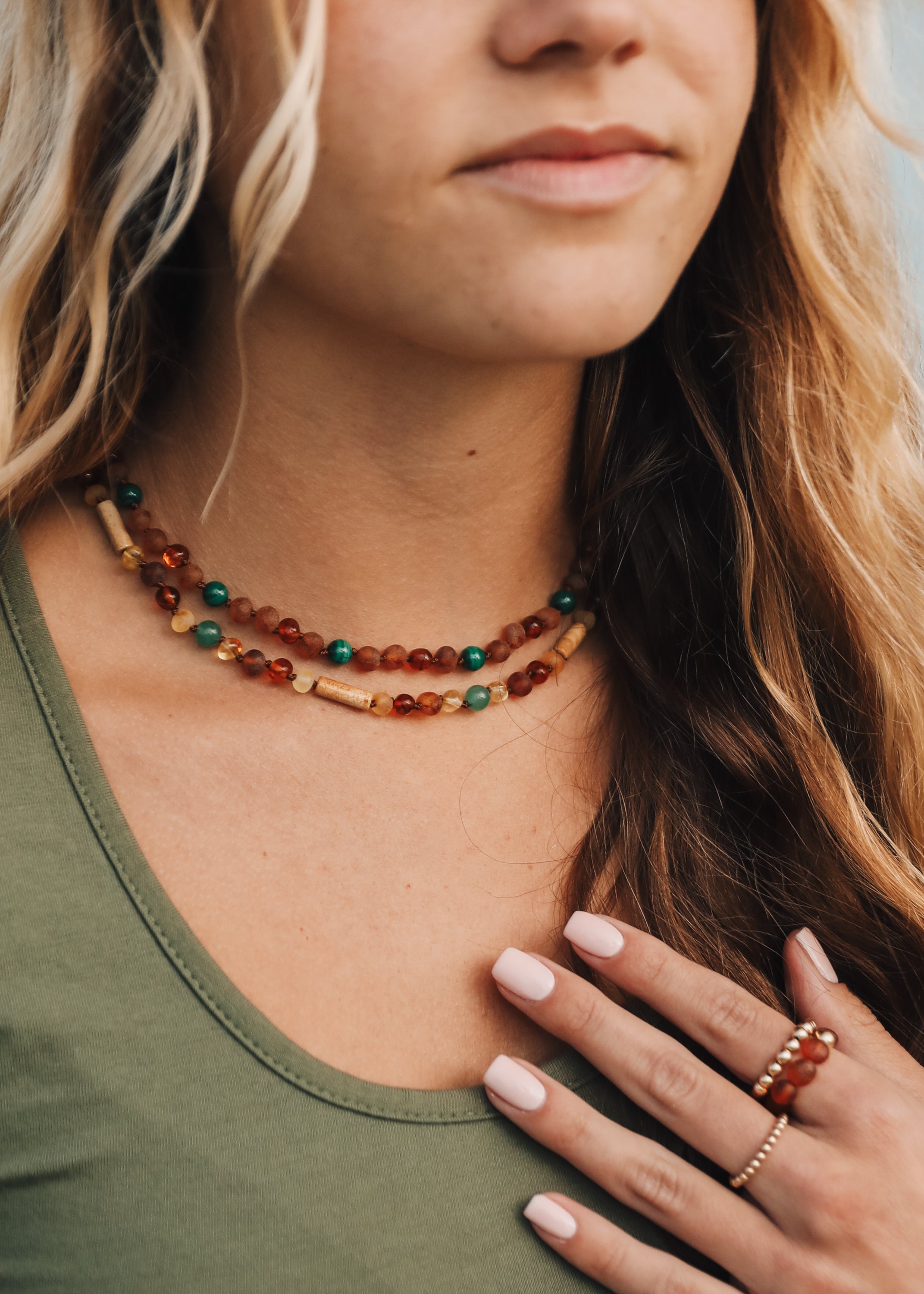 Baltic Sea Amber + Malachite Halo|| Necklace
