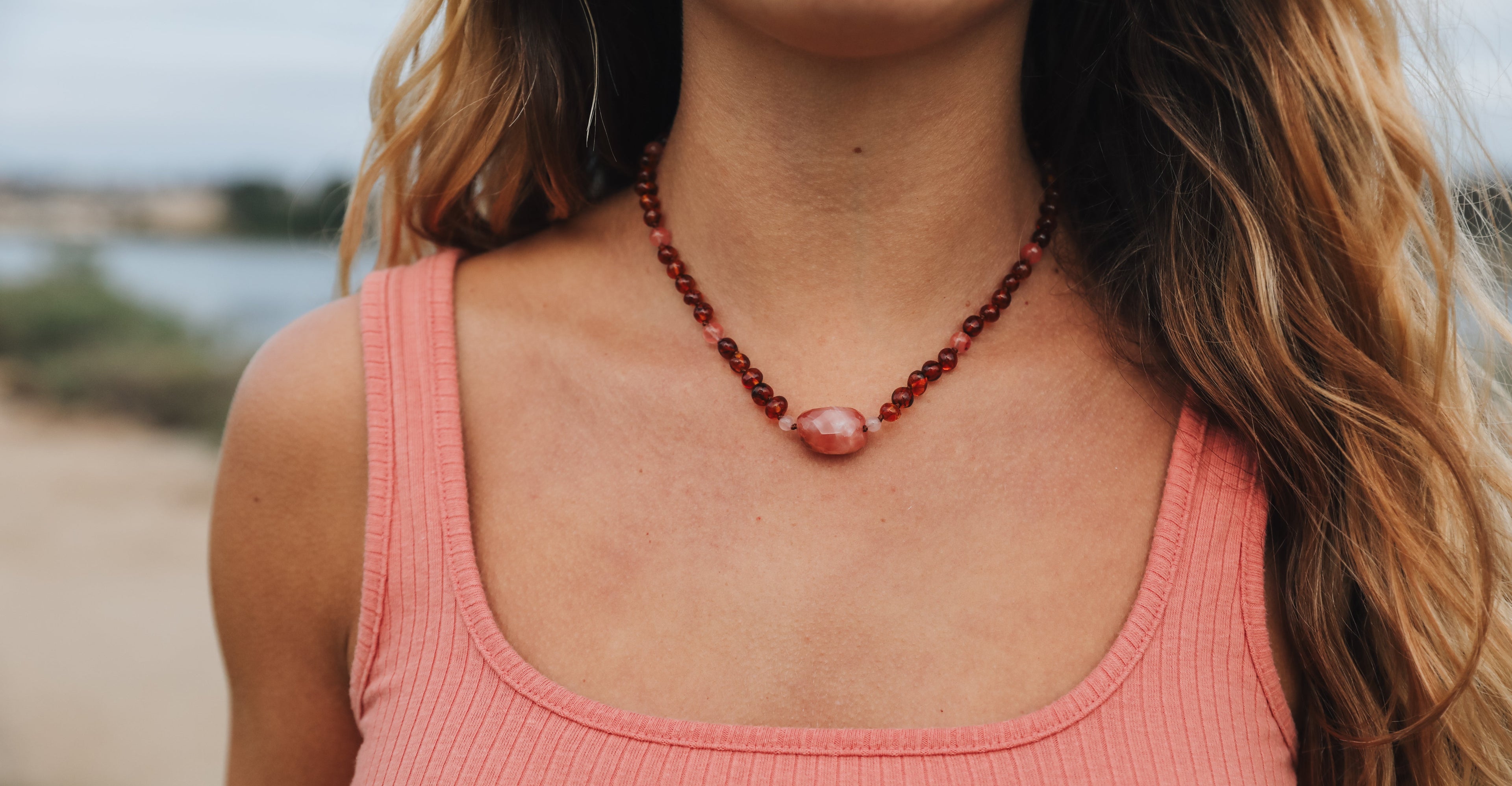 Cognac Baltic Sea Amber || Cherry + Rose Quartz || Necklace Set